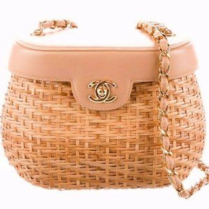 CHANEL Vintage Beige Leather 24K Woven Straw Wicker Basket Bag Handbag on Chain